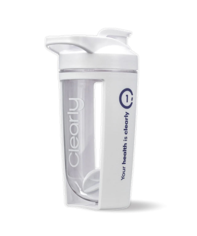 Clearly shaker with a sleek front view, designed for mixing drinks, featuring a smooth surface and secure lid.