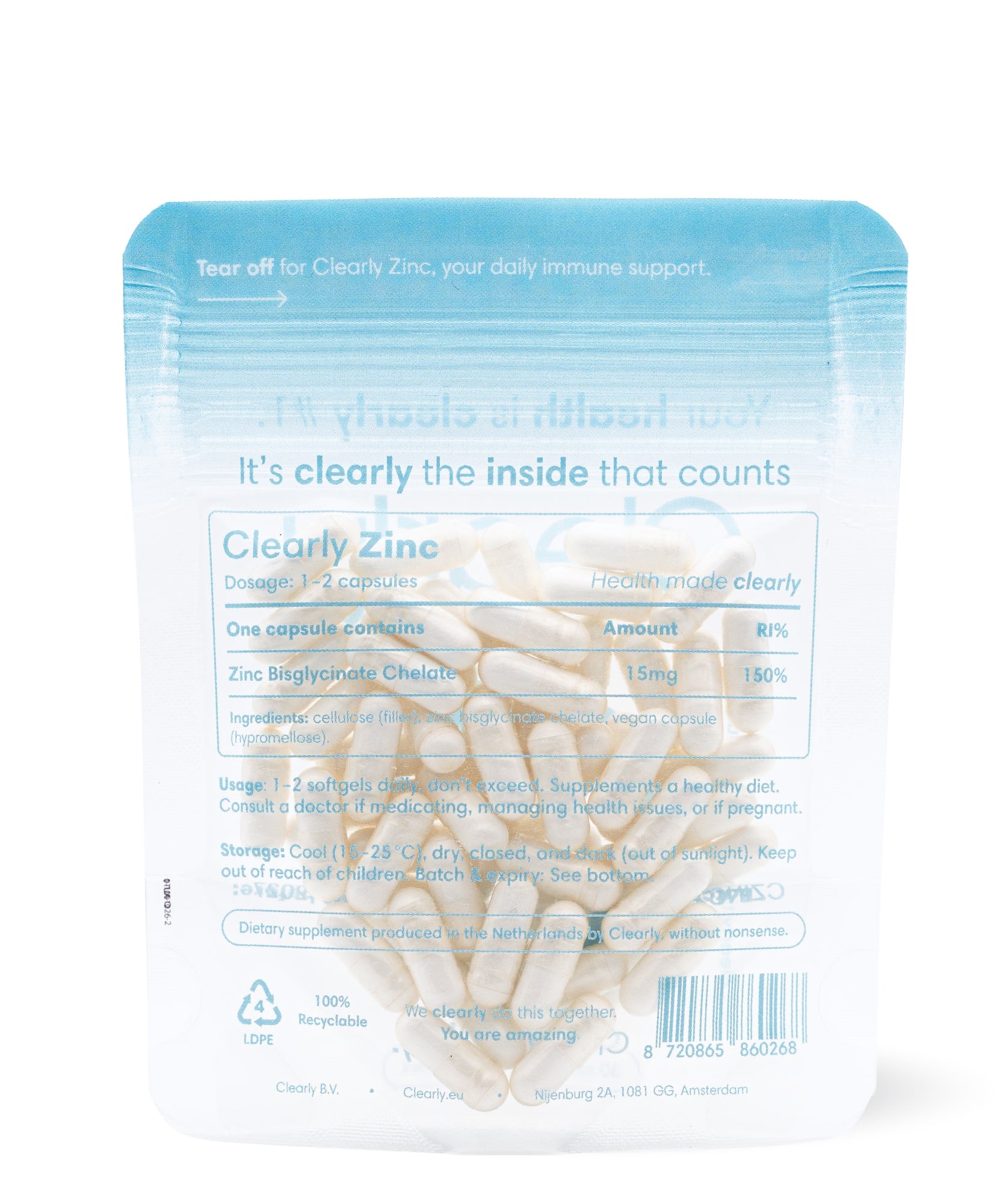 Clearly Zinc supplement bottle with a white label and zinc tablets inside, showcasing the product's packaging and tablets.