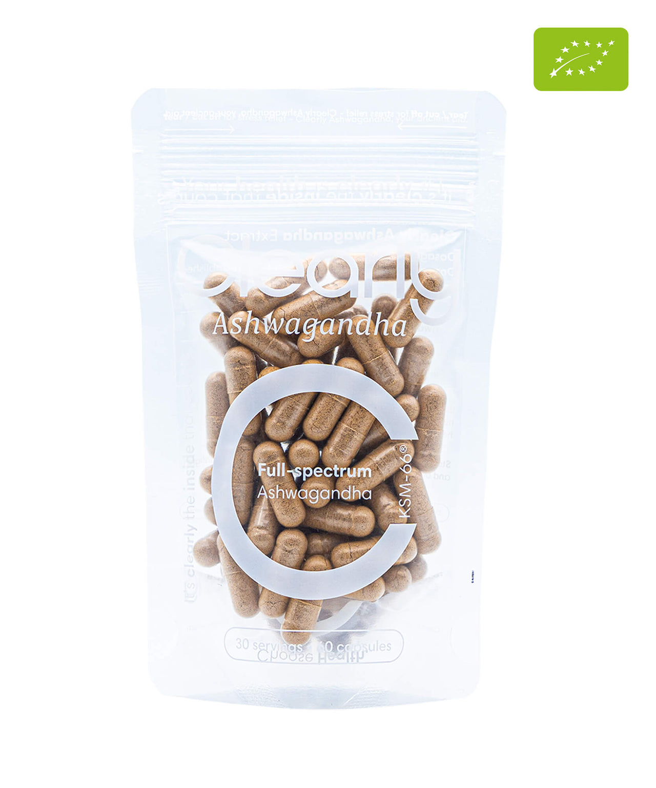 Clearly Ashwagandha capsules in a bottle, showcasing natural herbal supplement for stress relief and overall wellness.