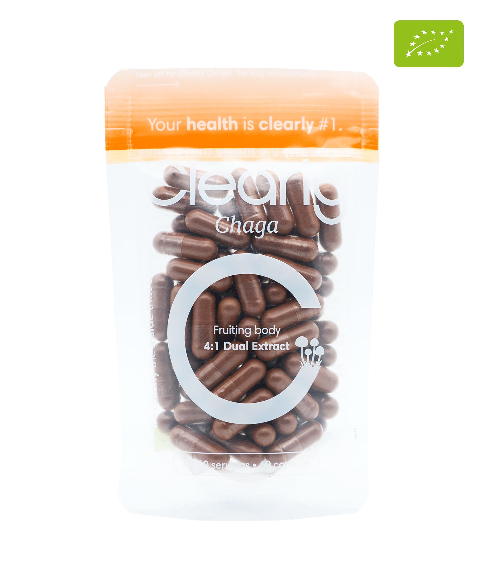 Clearly organic Chaga capsules in a bottle, showing the dietary supplement packaging with capsules inside.